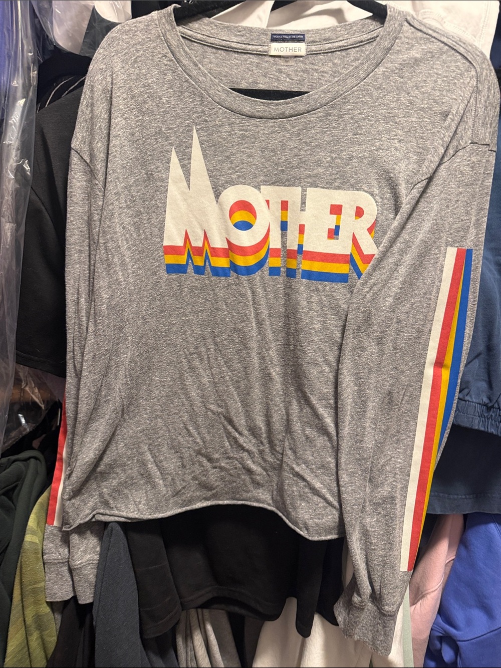 MOTHER Gray Long-Sleeve Tee with Rainbow Stripe Logo